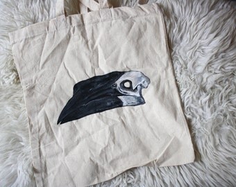 Original hand-painted hornbillskull totebag bird skull bag