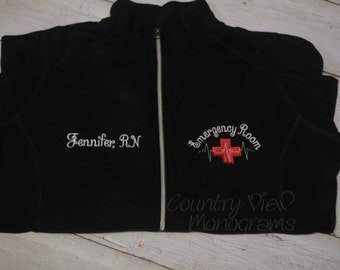 Emergency Room ER Nurse Fleece Jacket with Name on Right chest -RN LPN zipup light Or Heavy weight fleece jacket with several color options