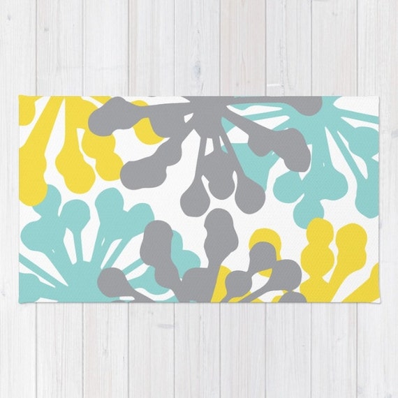 Floral Rug Blue Yellow Grey Area Rug Modern Dandelion