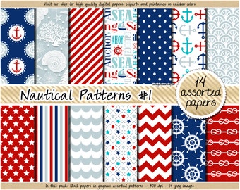 SALE Nautical digital paper sea digital paper nautical pattern navy blue red chevron polka dot stripes anchor nautical clipart scrapbook