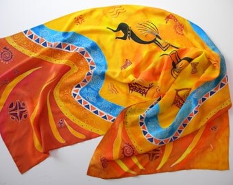 Handpainted silk shawl Batik Birthday gift for mom Silk scarf Hand painted silk African motifs Women's scarves Orange scarf Summer scarf