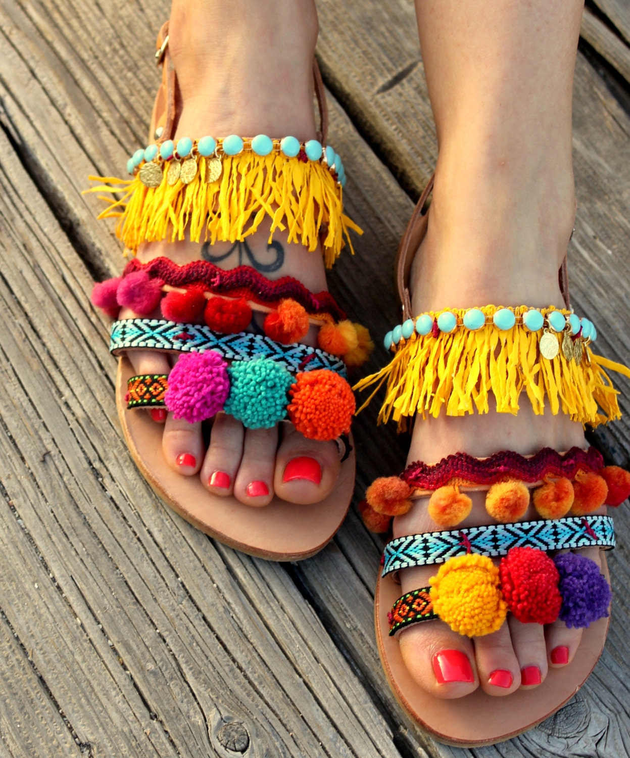 Pom pom Sandals Greek leather sandals Boho by