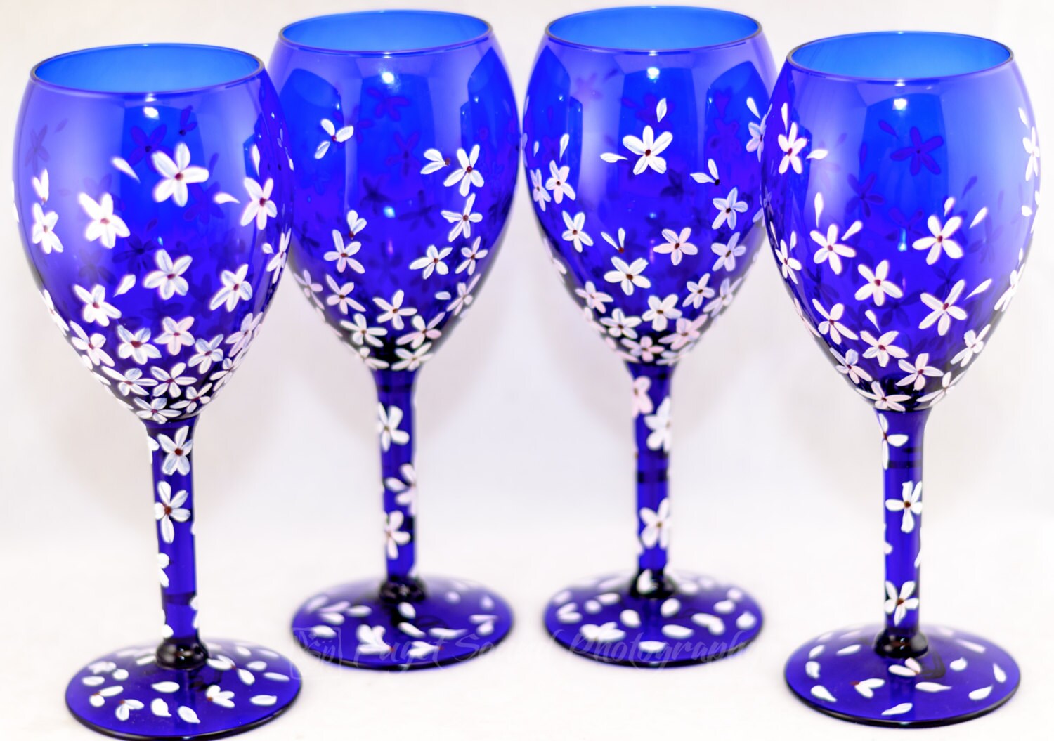 Wine Glasses Cobalt Blue 4 Cherry Blossom Design Hand