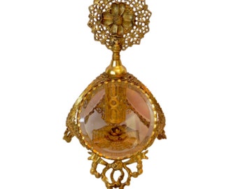 RARE 3 Panel Rose Beveled Glass Ormolu Perfume Bottle Gold Gilt Vintage Vanity Complete