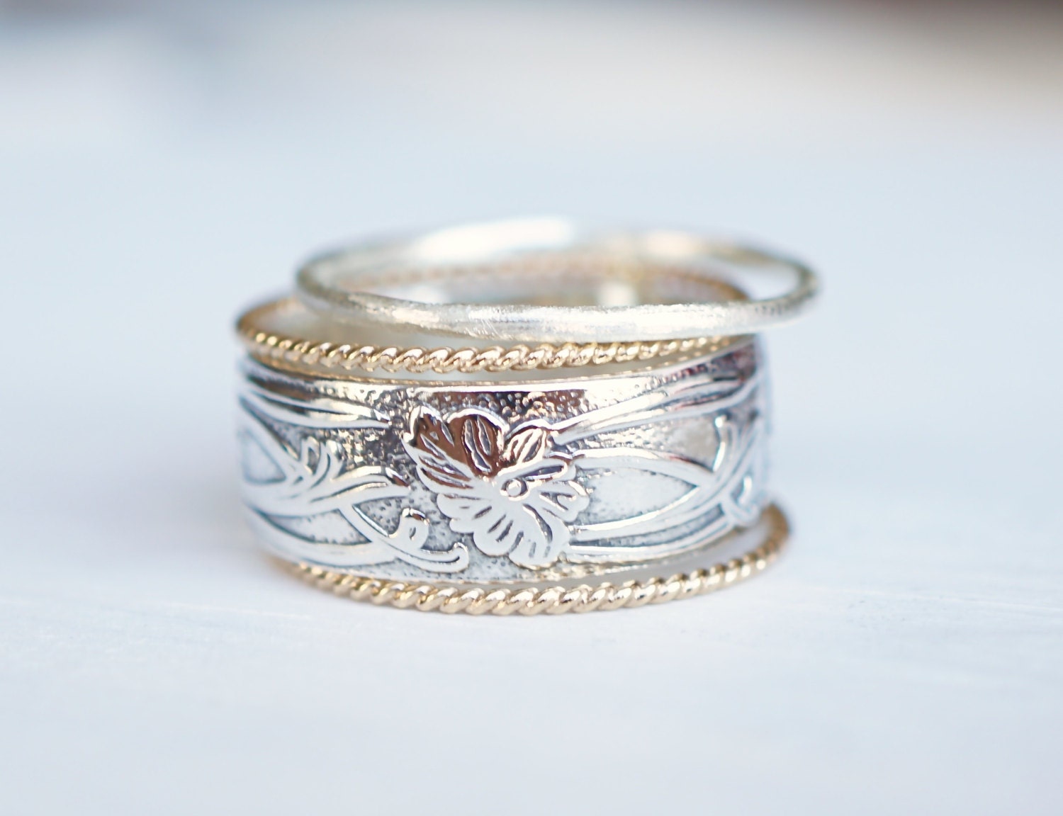 Boho Rings  Art Nouveau Ring  Mixed  Metal Rings  14k Gold  by 