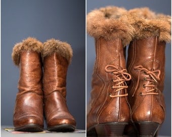 Vintage Leather ankle boots / Brown leather boots / Autumn /Winter / Fur and Leather Mix boots