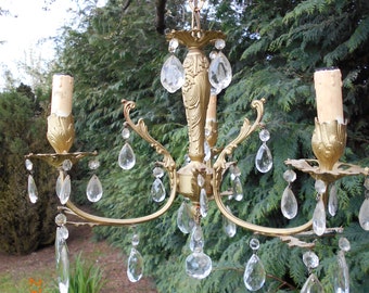 Vintage French Chandelier with Crystal Droplets