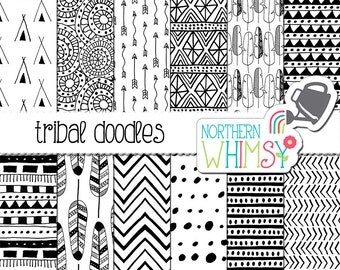 Tribal Digital Paper - hand drawn doodle tribal patterns and feathers in black & white - seamless patterns - scrapbook paper -commercial use