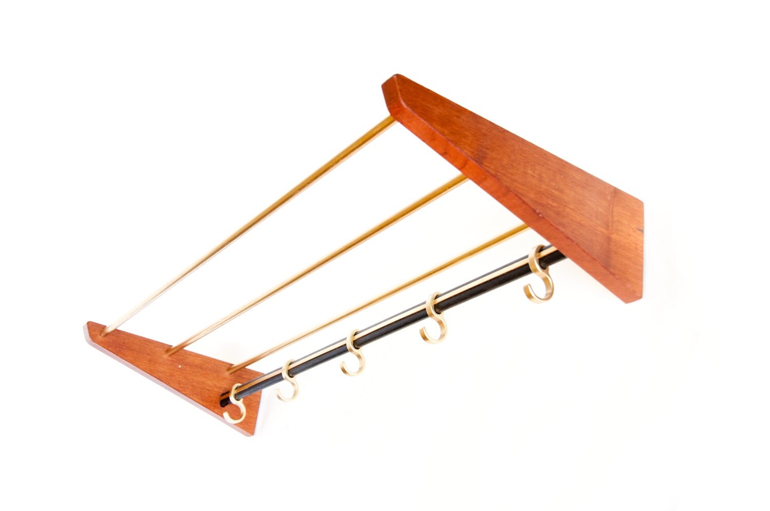 Mid Century Modern Coat Rack Teak Wood Anodised Aluminium Gold