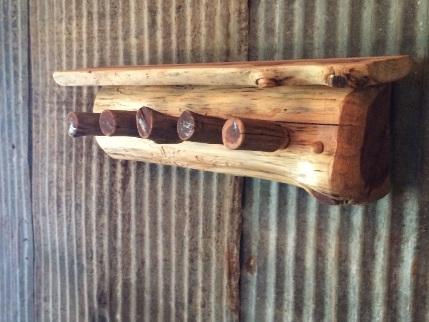 Rustic 5 Peg Log Coat Rack with Small Shelf