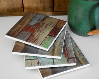 Tile coaster with aged and weathered woodgrain print; set of 4