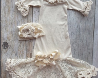 Cream Vintage style infant gown, baby girl gown, dedication gown, christening gown, infant gown, boutique gown, baby shower, take home set