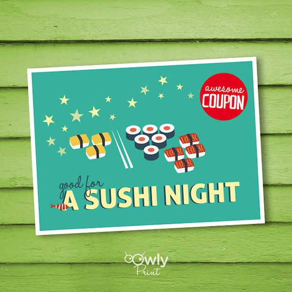 Printable Sushi Night CouponCardPDF Sushi Card Ready by Owlyprint