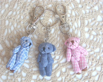 Tiny Fabric Teddy Bear Bag Clips & Key-rings. Little Girl Gift Idea. Shabby Chic Gingham, Denim Book Bag Clips, Keychains. Cute Accessories.