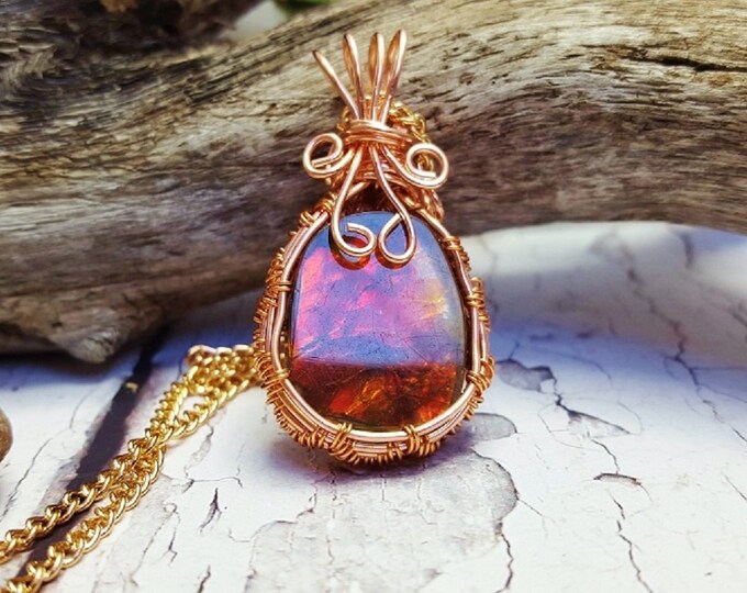 Fort McMurray Strong ~ Fiery Orange Alberta Gemstone ~ Long Canadian Ammolite Necklace ~ Phoenix Rising Wire Wrapped Pure Copper Jewelry
