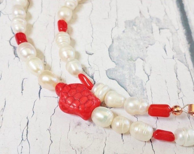 Modern Pearl Necklace ~ 30th Anniversary or Birthday Gift For Her ~ Authentic Red Coral & White Freshwater Pearl Statement Necklace