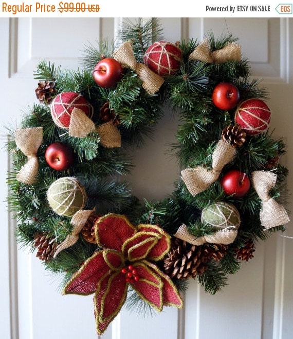 Christmas Wreath, Holiday Wreath, Winter Red Apples Burlap Flower Wreath, Primitive Woodland Wreath,Rustic Christmas Wreath 21 inch