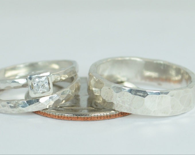 Square CZ Diamond Engagement Ring, Sterling Silver, Diamond Wedding Ring Set, Rustic Wedding Ring Set, April Birthstone, Sterling Diamond