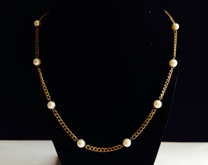 Storewide 25% Off SALE Vintage Gold Tone Chain Link Faux Pearl Beaded Designer Necklace Featuring Mid Century Style Design