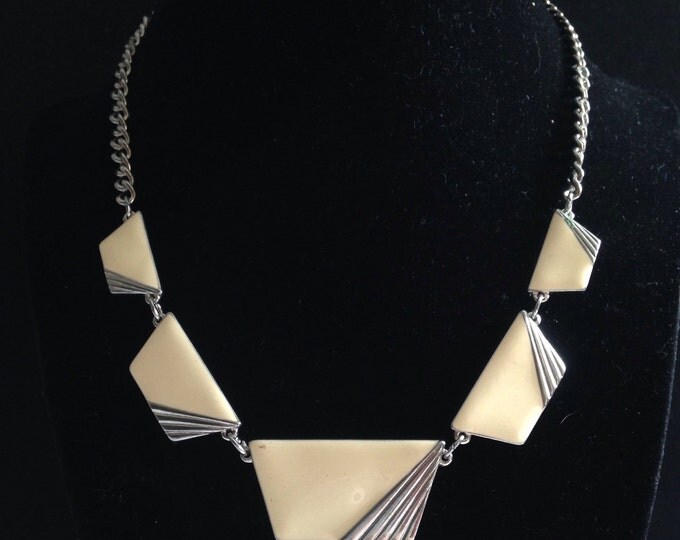 Storewide 25% Off SALE Vintage Silver Tone Geometric Enamel Set Designer Necklace Featuring Classic Mid Century Design