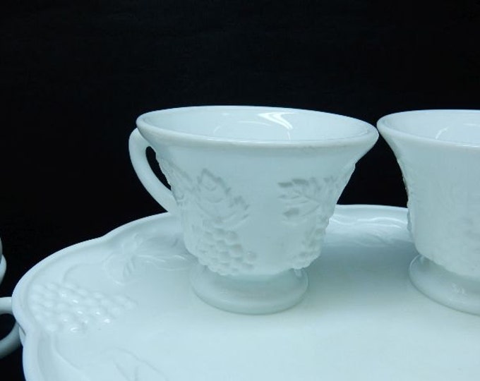 Storewide 25% Off SALE Vintage Westmoreland White Milk Glass Dessert Tableware Service For 8 Featuring Raised Grape Pattern Design