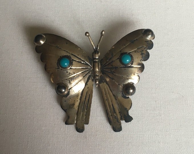 Storewide 25% Off SALE Vintage Sterling Silver Turquoise Accented Butterfly Brooch Featuring Southwestern Blue Turquoise Cabochons