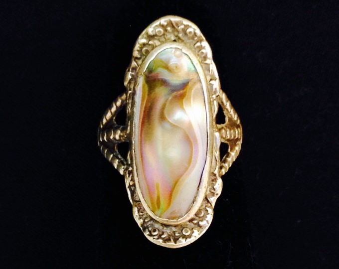 Storewide 25% Off SALE Vintage Sterling Silver Art Nouveau Abalone Designer Cocktail Ring Featuring Elongated Solitare Design