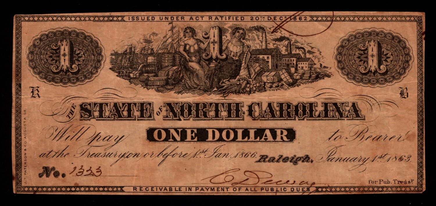 Used 1 Dollar State of North Carolina CSA Confederate Currency