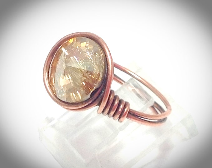 Wirewrapped copper ring with solitaire swarovski crystal focal