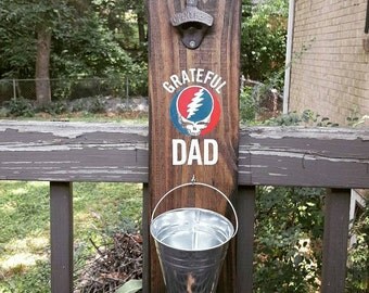 Grateful Dad Bottle Opener Solid Wood Grateful Dead Steal Your Face Wallhung Bottle Opener with Bucket Cap Catcher Grateful Dead Barware
