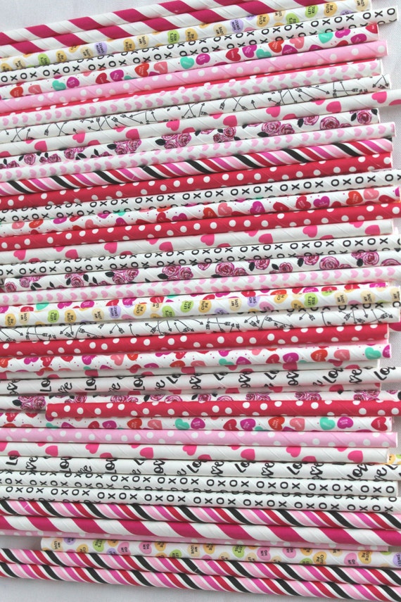 Valentine's Day Paper Straws Unique Assorted Heart XOXO Floral