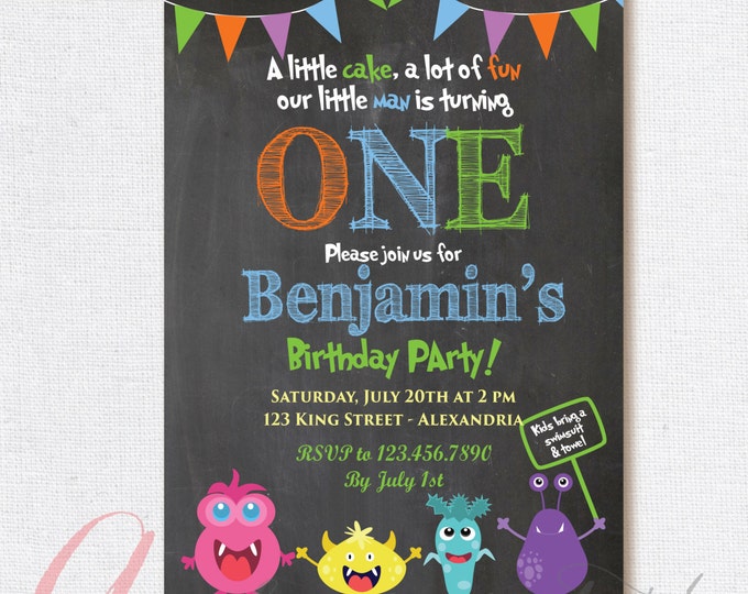 Little monsters Birthday invitation . Chalkboard invitation. Little monsters invite. Monsters invitation. Printable monster invitation