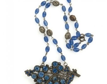 1930's sapphire glass brooch necklace. (nlbg2072)