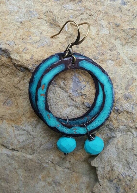 Items similar to Patina Copper Earrings. Turquoise Czech Glass Beads