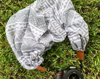 Geometric scarf camera strap - grey aztec || for Nikon, Canon, and DSLR photography
