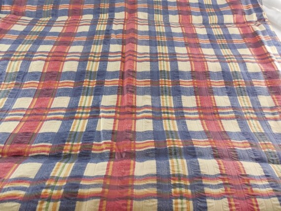 Red Blue & Beige Plaid Seersucker Cotton Fabric by Dockb30Crafts