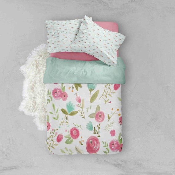 Floral Toddler Bedding Sets Mint Pink Flowers Bird