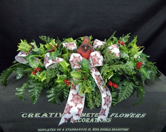 Winter Deluxe Cardinal Christmas Cemetery Silk Flower Plus Snowflake Bow Headstone/Tombstone Saddle/Topper Grave Pillow Decoration