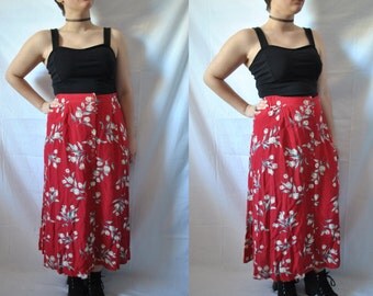 80s Maxi Skirt Midi Skirt Grunge Skirt Floral Skirt High Waisted Skirt Boho Skirt Summer Skirt Red Skirt Vintage 80s Skirt Vintage 90s Skirt