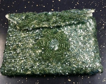 1930s Green Beads and Sequines Evening Bag Purse Handbag Clutch