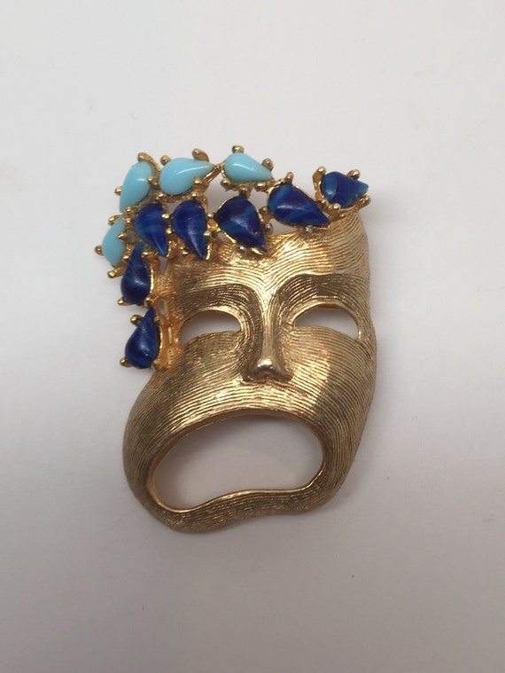 Fantastic Pauline Rader Faux Turquoise & Lapis Mask Figural Pin Brooch