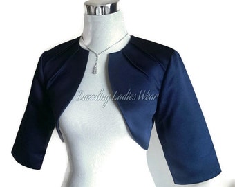 Navy/Dark Blue Satin Bolero Fully Lined - UK 4-26/US 1-22 Shrug/Cropped Jacket/Wrap/Shawl/Stole/Tippet - Pleated neck