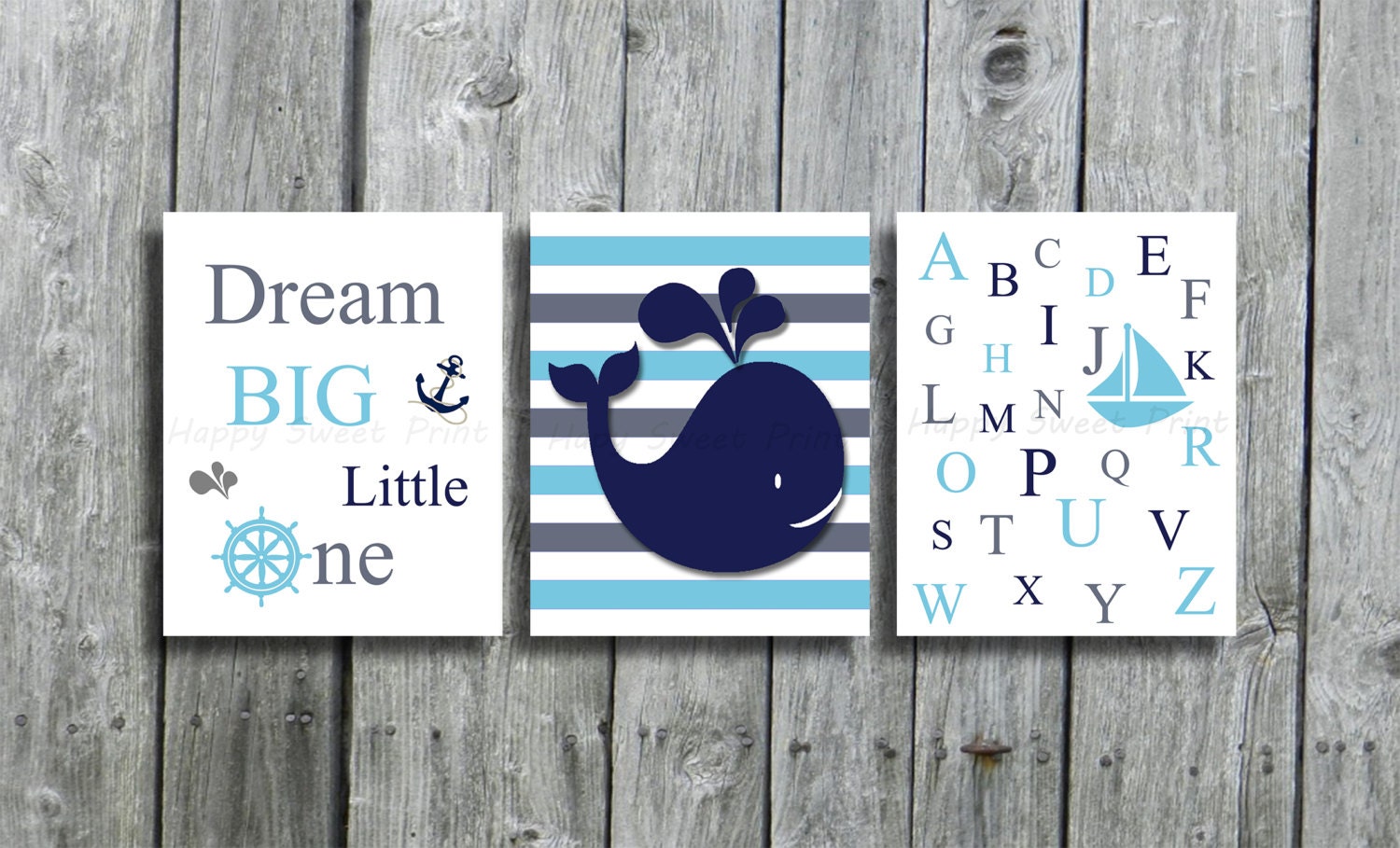 Set of 3 nautical nursery artWhale wall art nautical baby