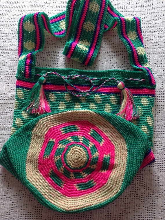 Green and Pink with Designs Crocheted Bag Crocheted Large