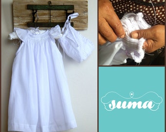 White Cotton Christening Gown Baptism dress with bonnet Smocked White Baby Dress Infant Christening, Dedication Dress, Girl Blessing Gown