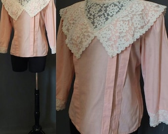 Glam Victorian Romantic Peach Cotton Top Lace Top Blouse Prairie Top