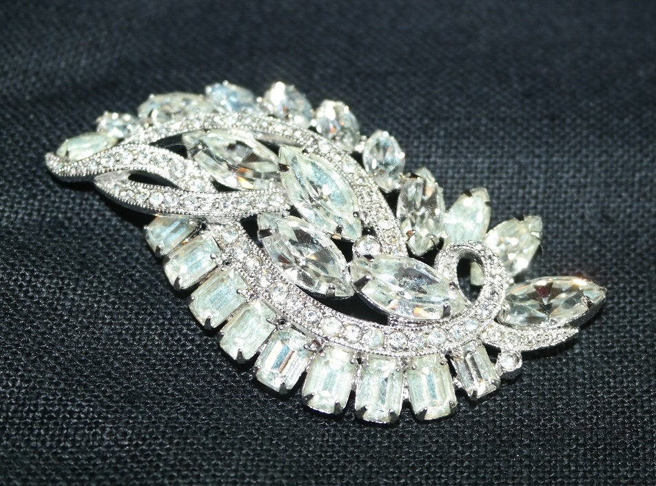 Vintage Eisenberg Ice Brooch with Diamond Baguette and