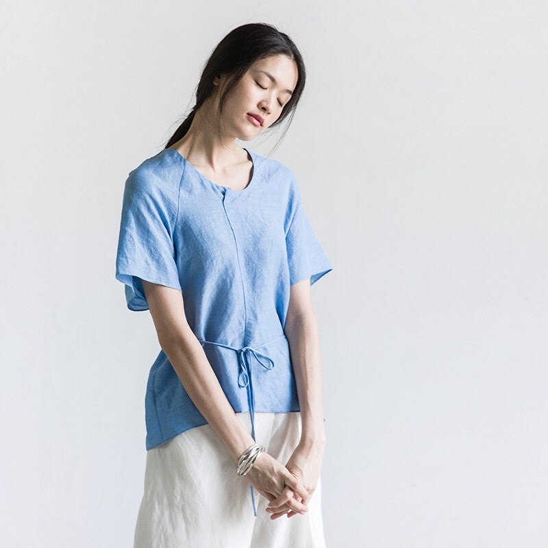 Blue Linen loose pullovers tops BonLife