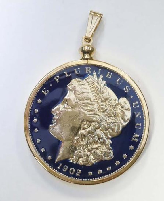 1902 Silver Dollar Gilt Enamel Coin Bezel Pendant Charm