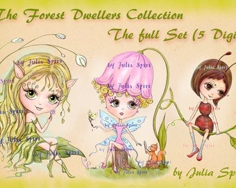 Set of 5 Digital Stamps, Coloring pages, Elf stamps, Fairy stamps, Autumn, Fantasy. The Forest Dwellers Collection